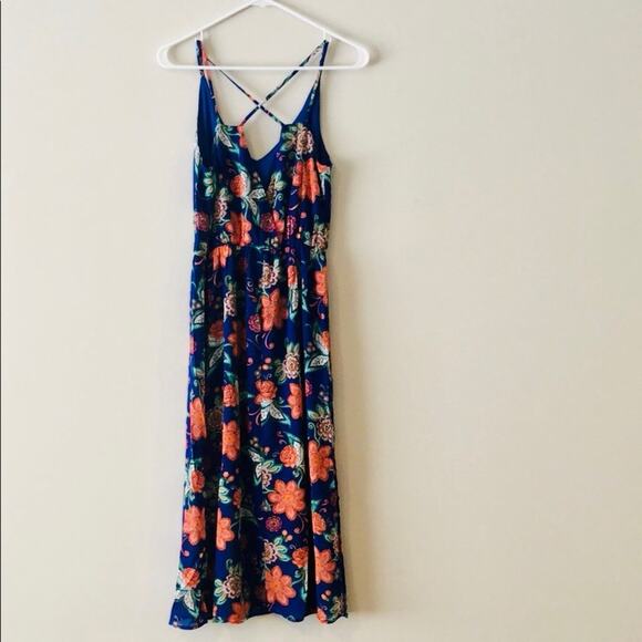 Floral Midi Dress Blue Elastic Cinched Waist - Picture 6 of 6